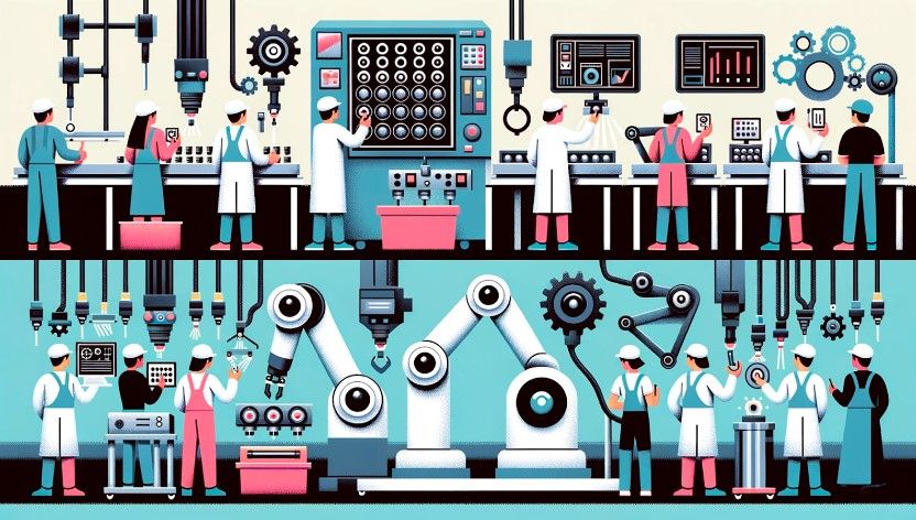 An illustration comparing traditional and computer vision-assisted manufacturing generated by DALL-E 3.