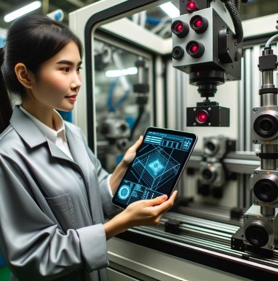 An image of a factory worker overseeing a machine equipped for 3D object detection, referencing real-time data on a tablet generated by DALLE-3.