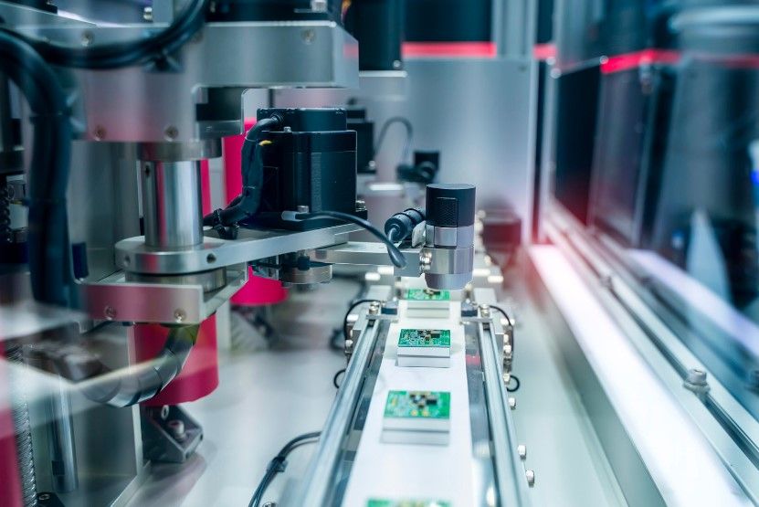 Computer vision being used to inspect a printed circuit board on a production line.