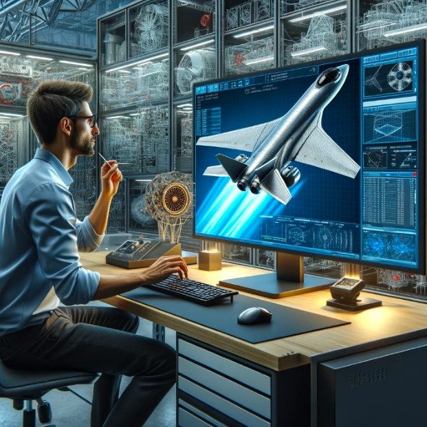 An image of an engineer running an AI simulation on an aircraft design prototype.