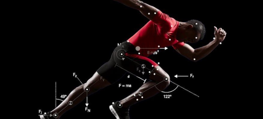Figure 1 – Illustration of a male runner with visualisation of the angles, acceleration, and basic forces vectors applied to his body (istology, 2018).