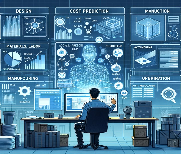 Fig. 3 - An illustration of a designer at an AI-powered workstation, surrounded by a holographic display to show the concept of material, labour,  manufacturing, and potential operational costs in design. The image is generated by DALL-E.