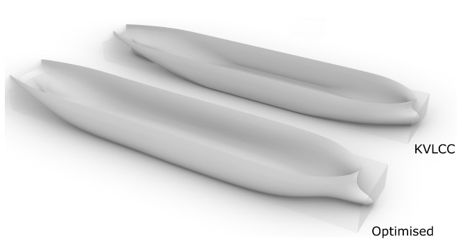 3D Comparison of KVLCC Hull and ShipHullGAN-Optimised Hull with Identical Cargo Capacities.