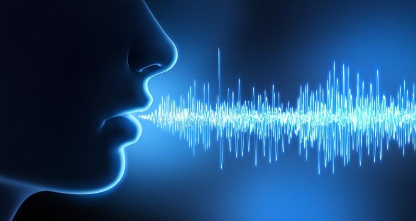 Figure 3 – Graphic illustration of the voice leaving a woman’s mouth in the form of a graphic equaliser (Moore, 2021)