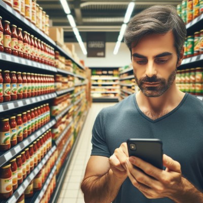 A man looking at his smartphone in front of a shelf of pasta sauce | Generated by DALL-E