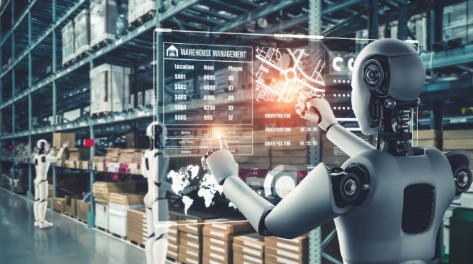 An AI-powered robot performing warehouse management tasks for enhanced efficiency and automation