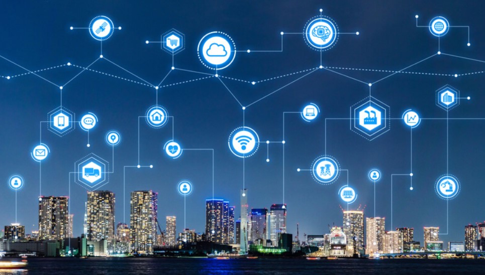 Image depicting a modern city skyline with interconnected buildings, smart infrastructure, and green spaces. Credit: ipleaders.in