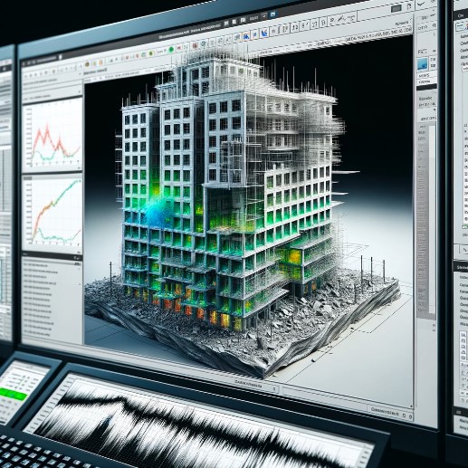 An image of a GPU-accelerated 3D seismic simulation of a building generated by DALL·E.
