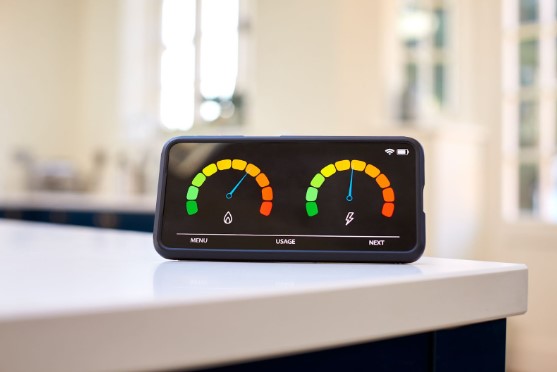 An image of a smart energy metre measuring domestic electricity and gas consumption.