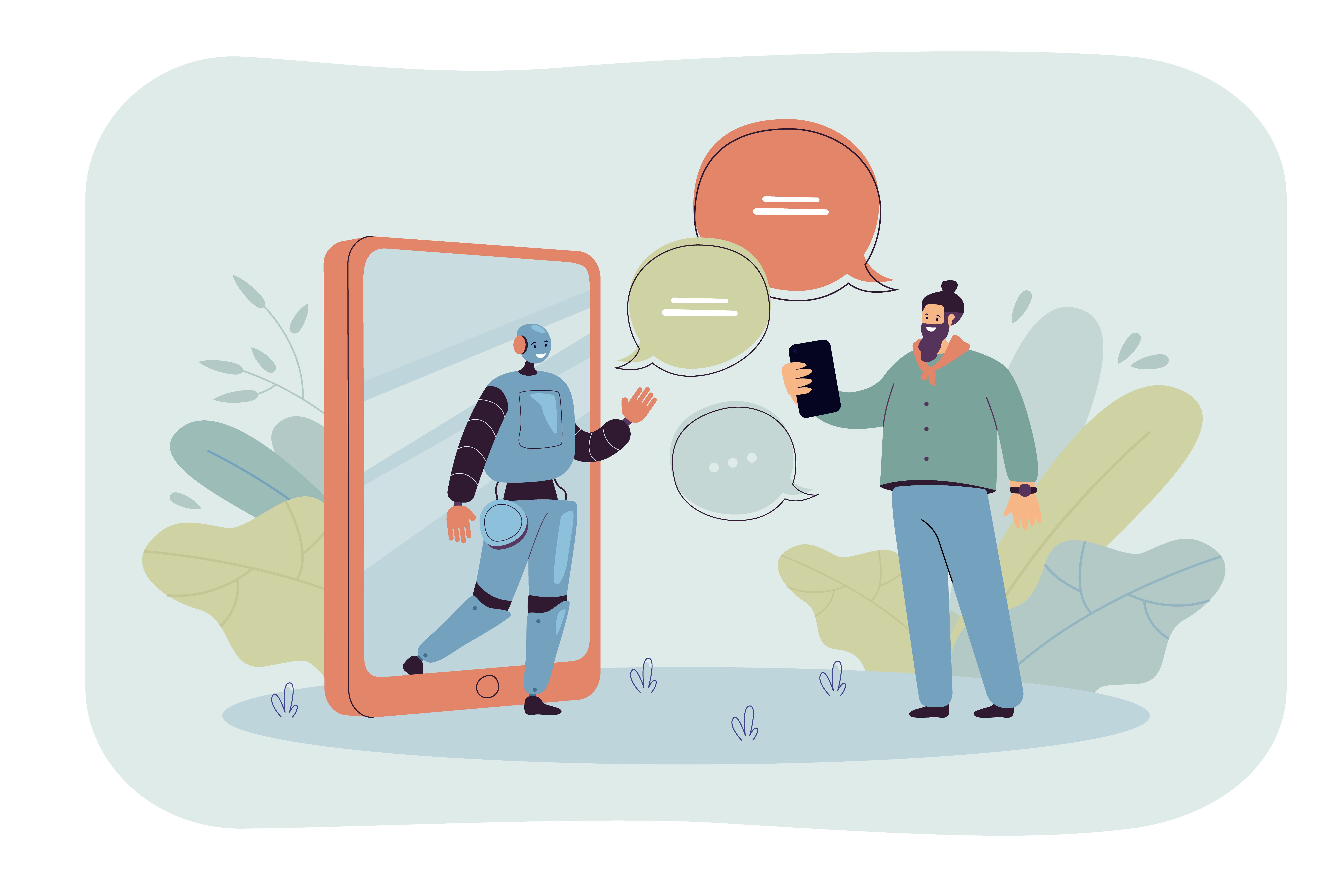 Man chatting online with ai assistant flat illustration